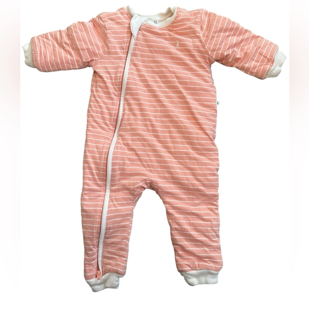 Little Green & Co Coral White Stripe Sleep Suit 2.0 Tog Quilted 2-way Zip 6-12 - Picture 2 of 6